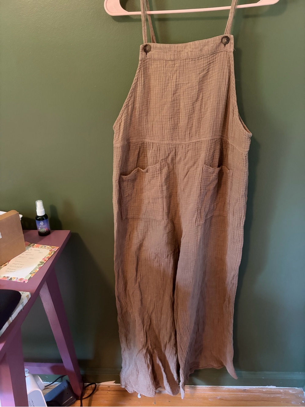 Women's Relaxed Tan Cotton Gauze Overalls Jumpsuit
